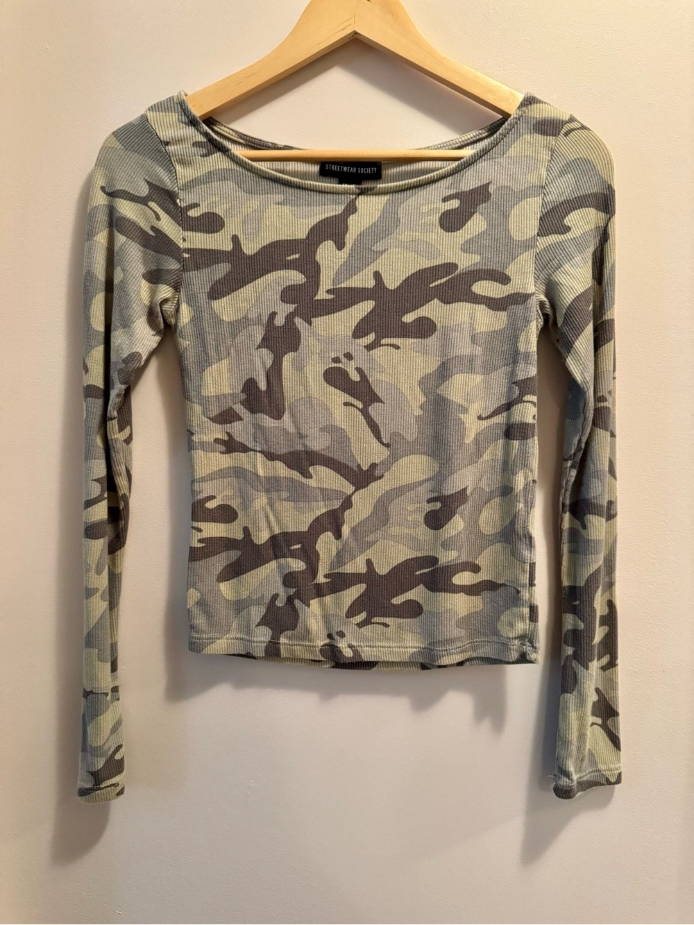 Streetwear Society Camo Ribbed Long Sleeve Green Grey Camouflage Y2K Fitted Tee